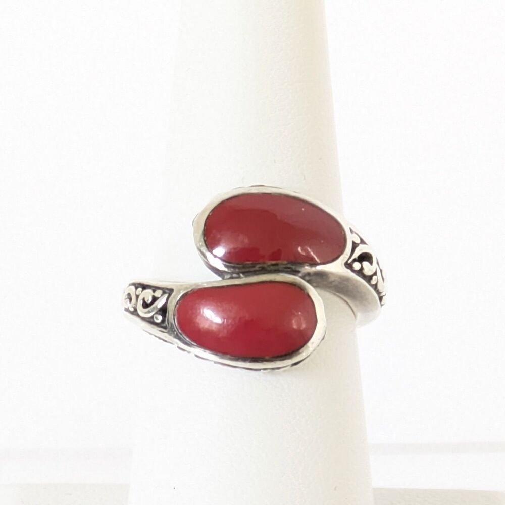 CHAPAL ZENRAY 925 Sterling Silver Vintage CORAL Bypass Ring Size 6.75-7